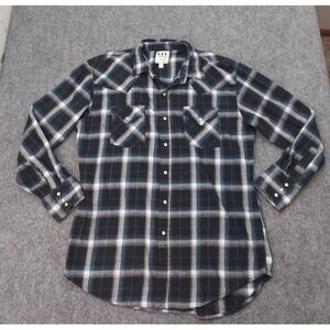 Ely Cattleman Flannel Shirt Mens Large Blue Plaid Pearl Snap Cowboy Western L/S